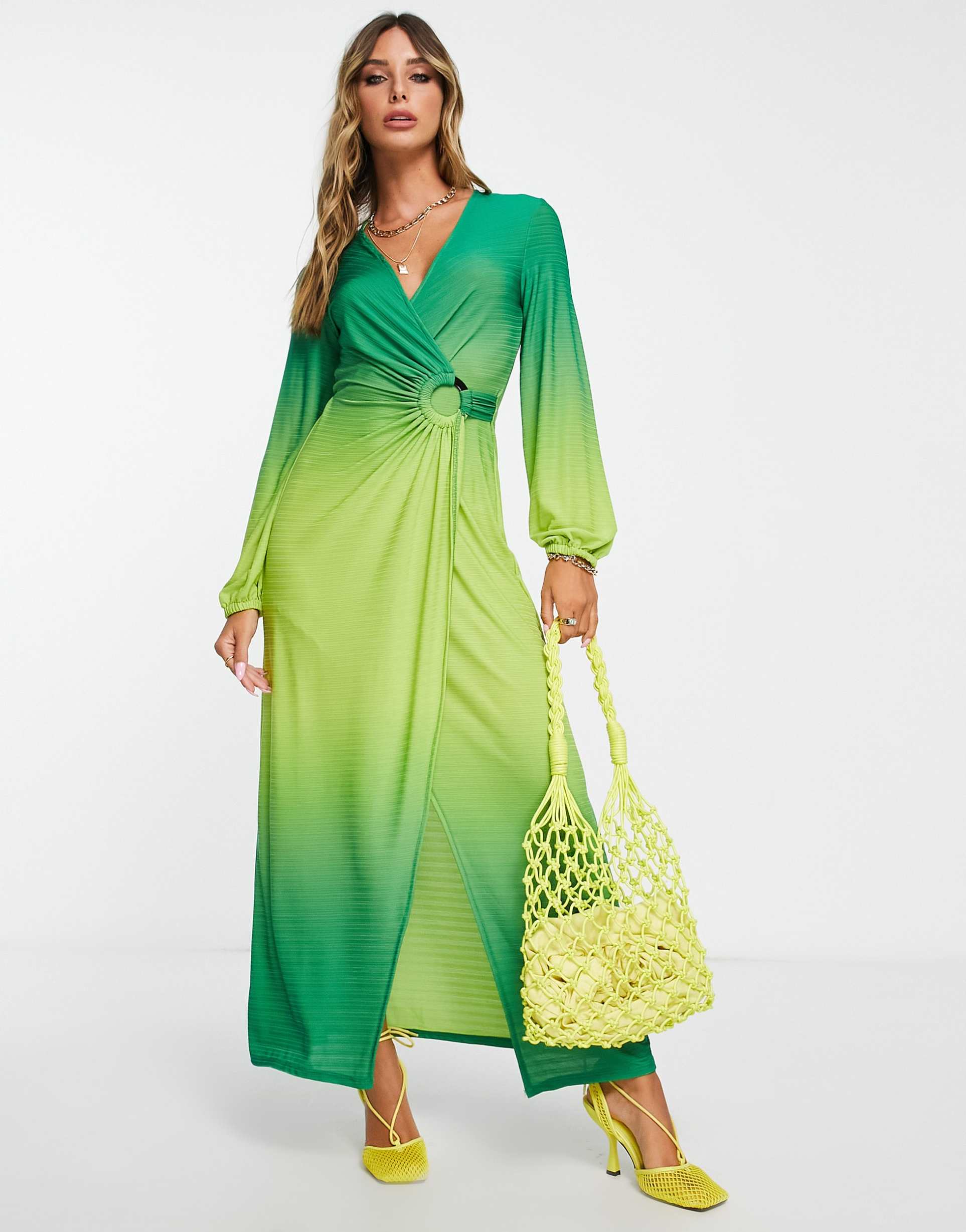 river island ring detail ombre wrap midi dress in green