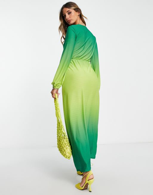 River Island ring detail ombre wrap midi dress in green | ASOS