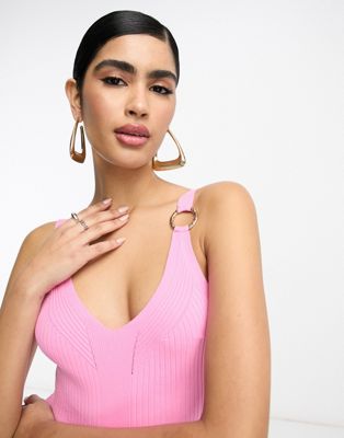 River Island ring detail ribbed knit vest in bright pink