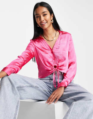 River Island Ring Front Crop Satin Shirt In Bright Pink ModeSens