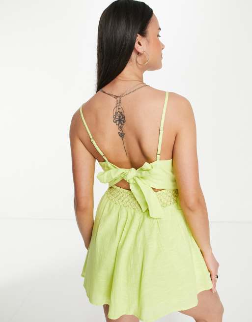River Island ring trim tie back beach romper in lime green | ASOS