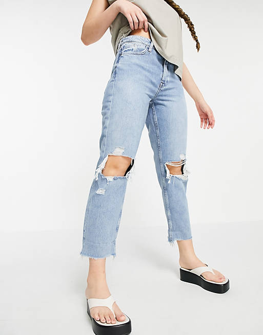 River Island ripped knee boyfriend jeans in mid auth blue