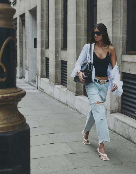 River Island Ripped raw hem barrel leg jeans in denim - light - view 1