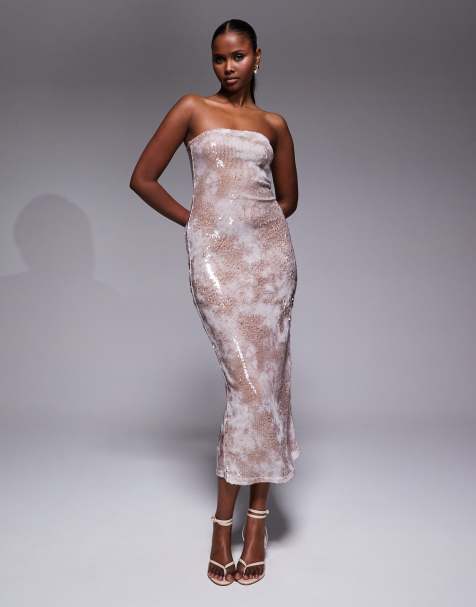 River Island - Robe bandeau mi-longue à sequins - Rose clair - view 1