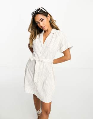 River Island zebra print tie waist mini shirt dress in white - ASOS Price Checker
