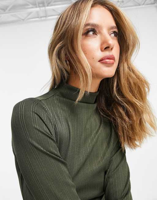 River Island - Robe côtelée mi-longue à col montant - Vert kaki, 3 de 4