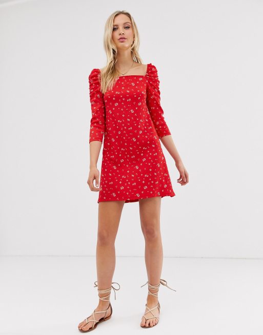 River Island - Robe courte à encolure carrée et fleurs - Rouge, 4 de 4