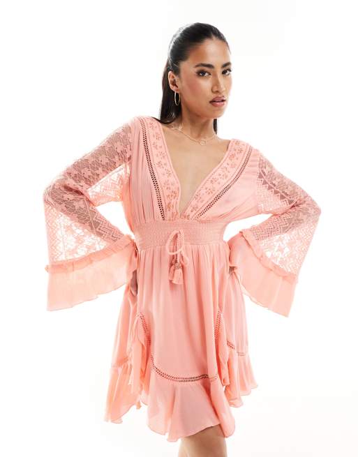 River Island - Robe courte à manches anges et décolleté plongeant - Corail, 3 de 4