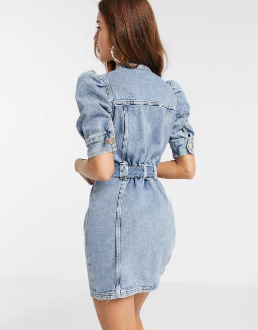 River Island Robe en jean manches bouffantes courtes Bleu moyen