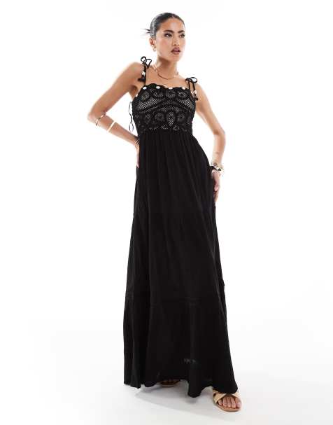 River Island - Robe longue étagée avec top en maille au crochet - Noir - view 1