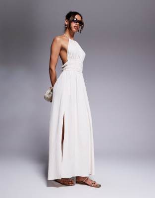 Robe longue froncée à encolure américaine - Taupe-Neutre 44