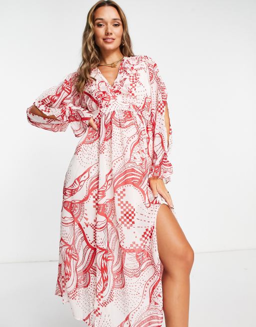 River Island - Robe mi-longue à volants - Rouge