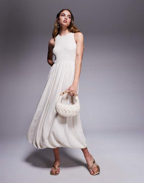 River Island - Robe mi-longue bouffante en lin mélangé - Crème - view 1