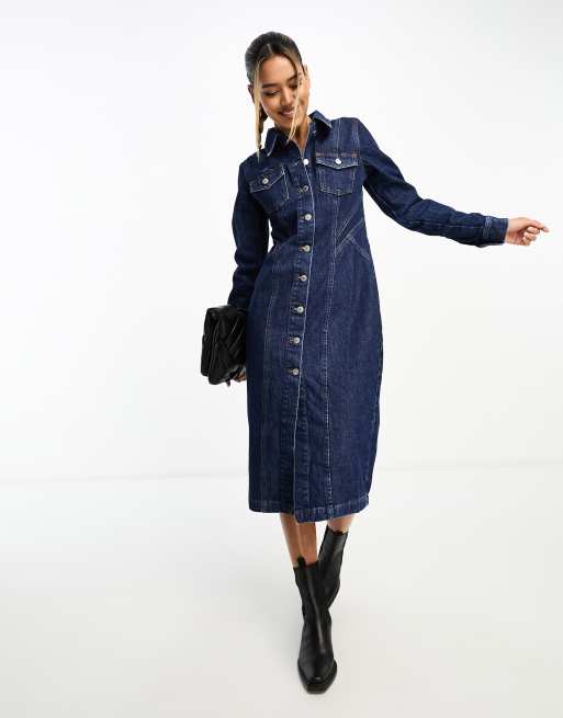 River Island Robe mi longue en jean manches longues et coutures apparentes Bleu fonc