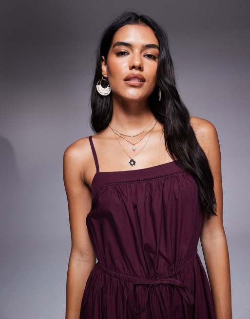 River Island - Robe mi-longue en popeline à bretelles fines - Lie-de-vin, 4 de 4