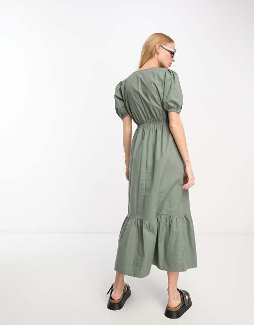 River Island - Robe mi-longue en popeline avec volants sur le devant - Kaki, 3 de 4