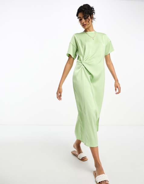 River Island - Robe mi-longue en satin avec nœud - Vert - view 1