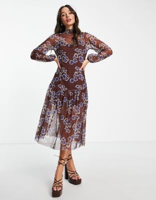 River Island floral mesh drop hem midi dress in dark red - ASOS Price Checker