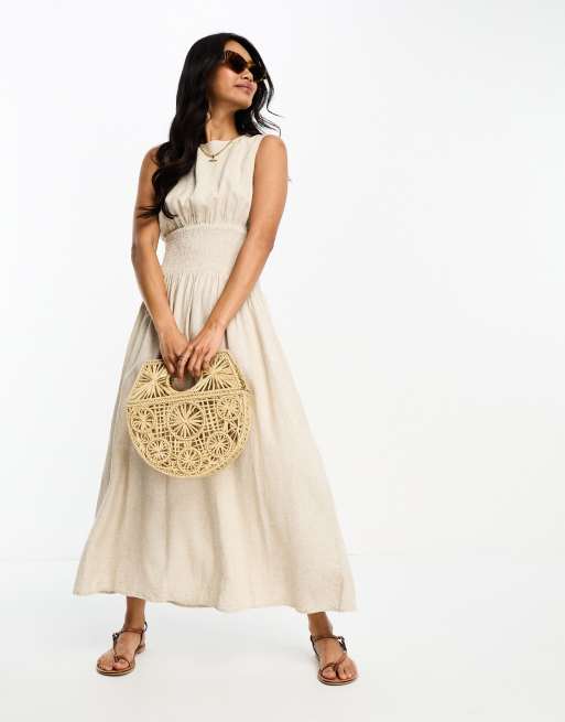 River Island - Robe mi-longue froncée à la taille et boutonnée au dos en lin - Beige
