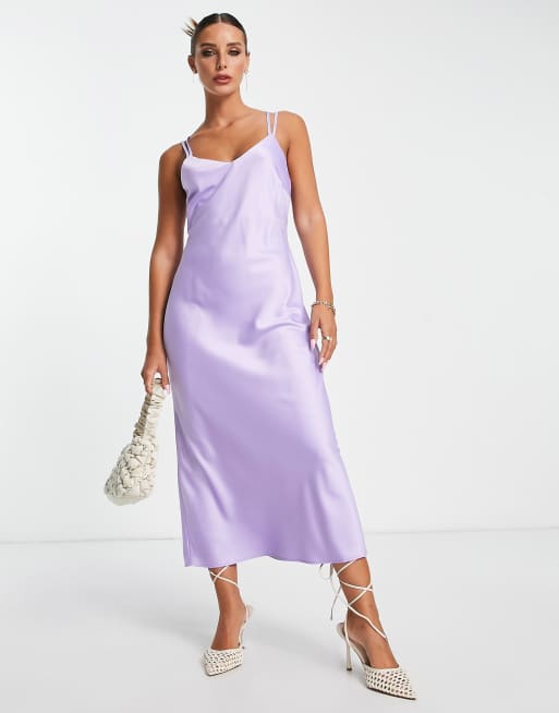 River Island - Robe mi-longue satinée à col bénitier - Violet clair, 3 de 4