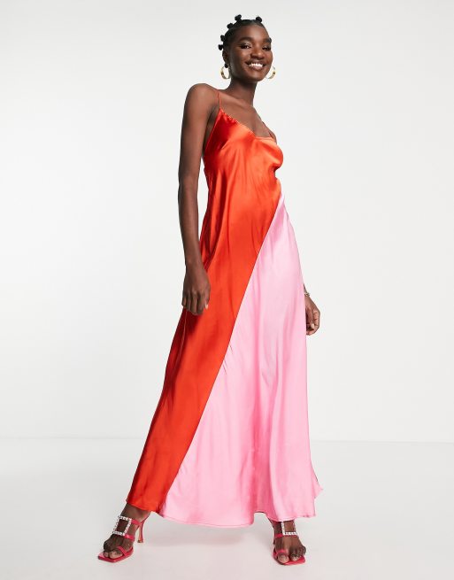 River Island - Robe nuisette longue effet color block à dos nu - Rouge