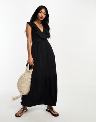 River Island sleeveless frill neck tea dress in black - ASOS Price Checker