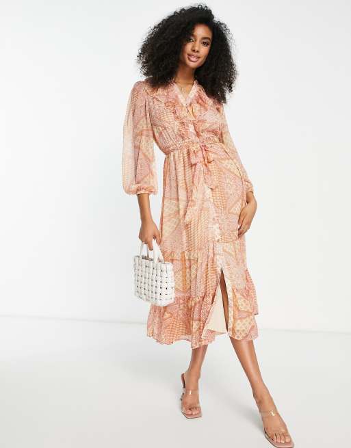 River Island - Robe volantée mi-longue à imprimé - Orange