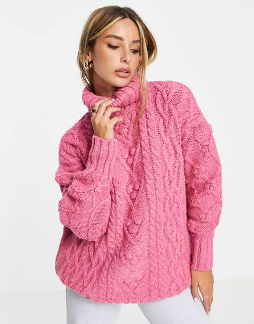 River Island roll neck cable knit tunic sweater in pink