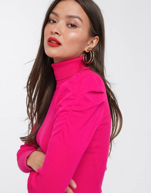 River Island roll neck jumper with puff sleeves in bright pink ASOS