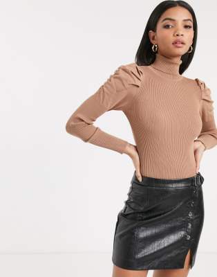 River Island roll neck jumper with puff sleeves in camel | ASOS