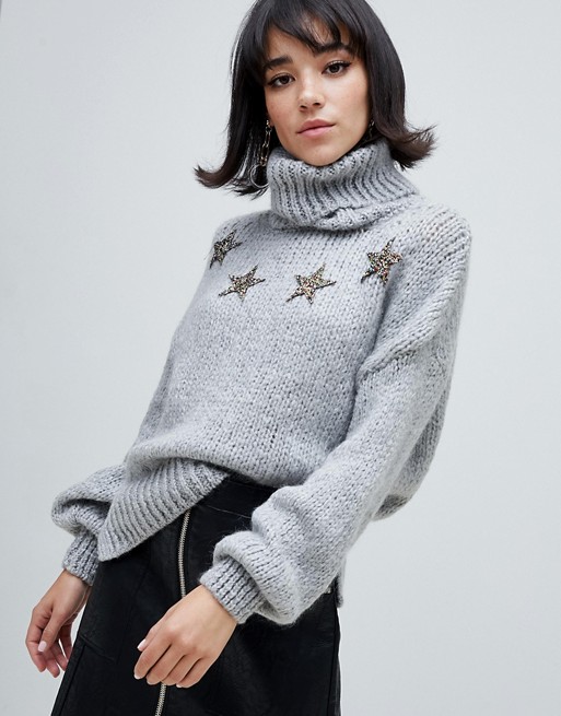 River Island roll neck jumper with stars in grey