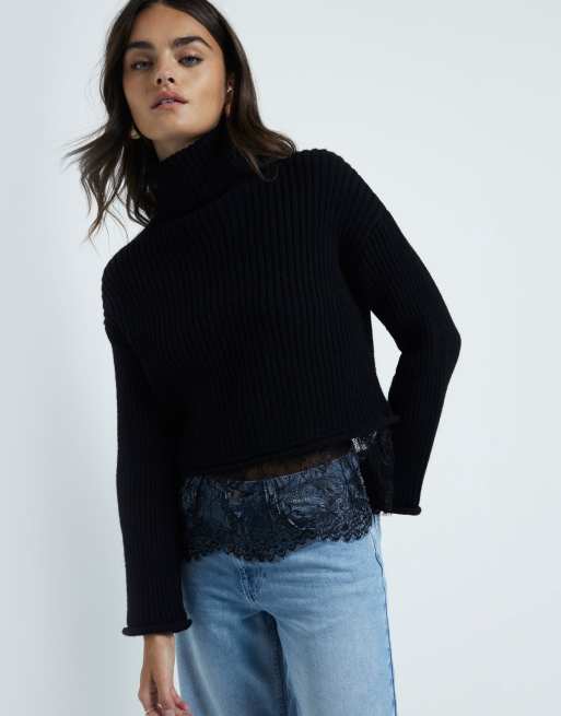 River Island Roll neck lace hybrid sweater in black