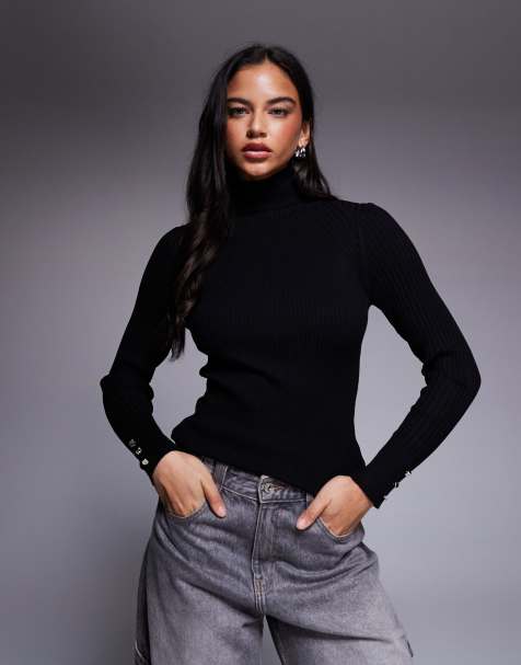 River Island roll neck sweater in black - view 1
