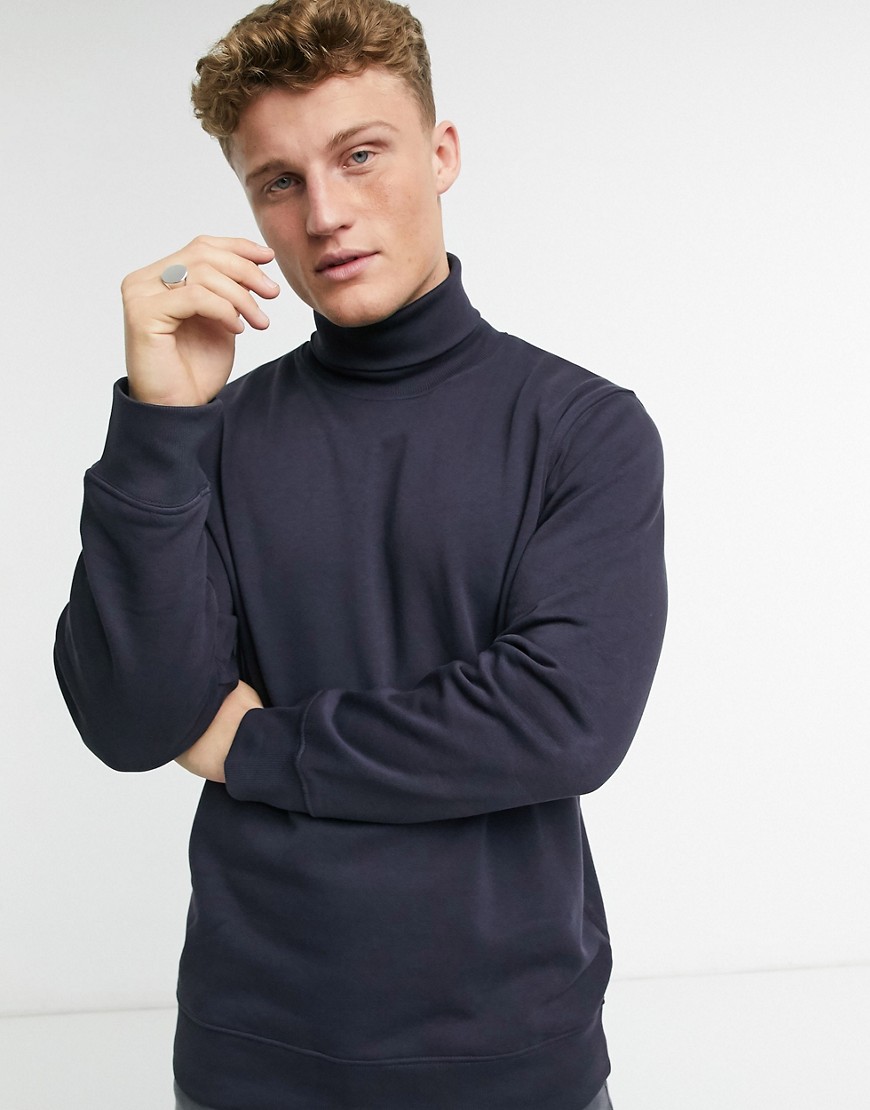 River Island roll neck sweater in navy-White