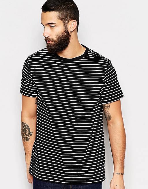 River Island Roll Sleeve Pocket T-Shirt In Black And White Stripes