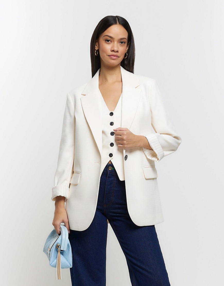 River Island Roll sleeve relaxed blazer in cream-White