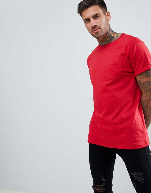 River Island roll sleeve t-shirt with pocket in red