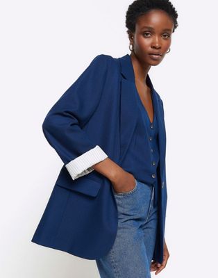 River Island Rolled sleeve relaxed blazer in navy