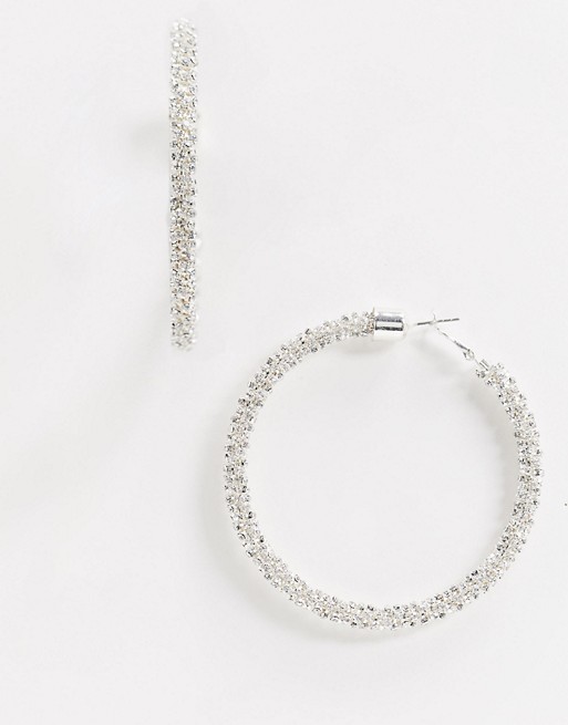 River Island rope diamante medium hoop earrings in silver