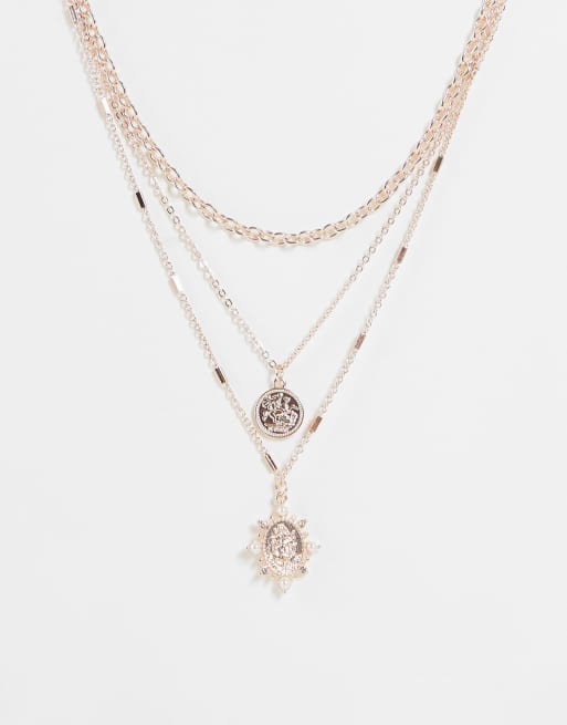 River Island – Roséguldfärgat halsband i flera rader med mynthänge