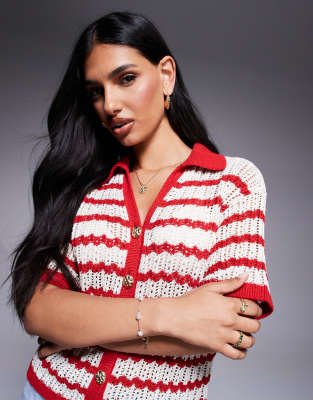 River Island - Rot gestreiftes Hemd aus Häkelstrick