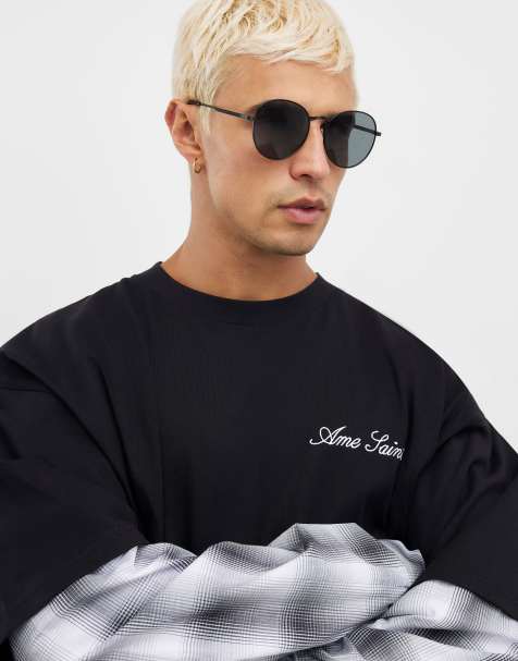 River Island Round tortoise arms sunglasses in black - view 1