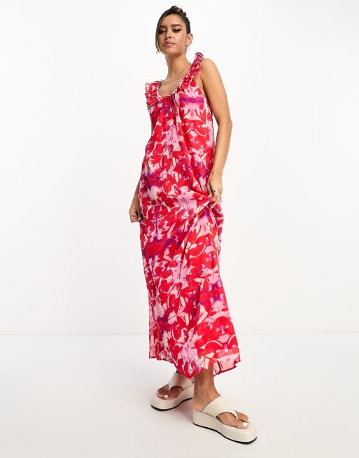 River Island – Różowa wiązana na plecach sukienka midi z falbanką na ramiączkach w kwiatowy wzór