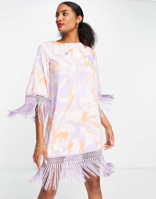 River Island – Różowa wzorzysta sukienka o prostym kroju z frędzlami