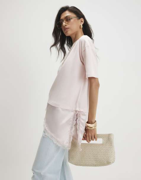 River Island – Różowy asymetryczny T-shirt z koronką - view 1