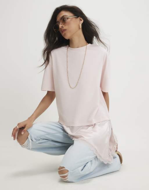 River Island – Różowy asymetryczny T-shirt z koronką, 3 z 4