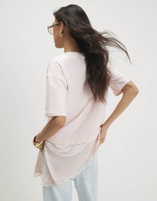 River Island – Różowy asymetryczny T-shirt z koronką, 4 z 4