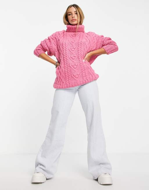 River Island – Różowy sweter o warkoczowym splocie z odwijanym golfem, 4 z 4