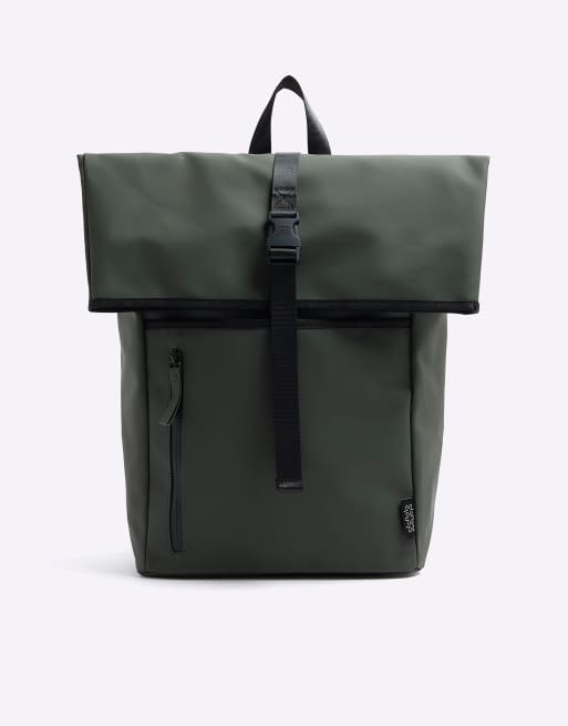 River Island Rubberised roll top backpack in khaki | ASOS