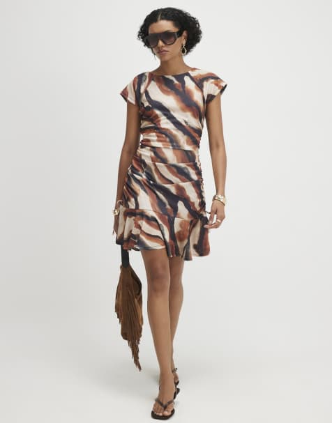 River Island Ruched abstract print mini dress in brown - view 1